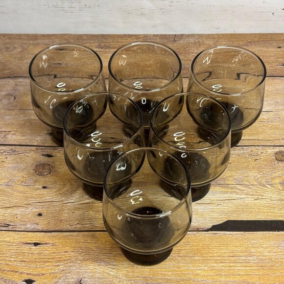 Vintage Crown Crystal Kaaru “Regis” Smokey Quartz Footed Spirit Glasses Set of 6 - Picture 3 of 8